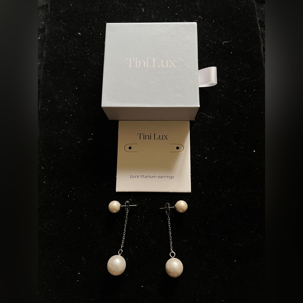 Tini Lux Silver and White Pearl Drop Earrings - Picture 13 of 16